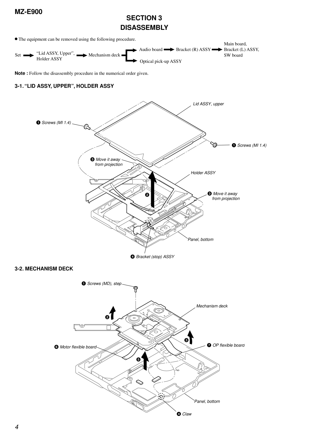 Sony MZ-E900 specifications Section Disassembly, LID ASSY, UPPER, Holder Assy, Mechanism Deck 