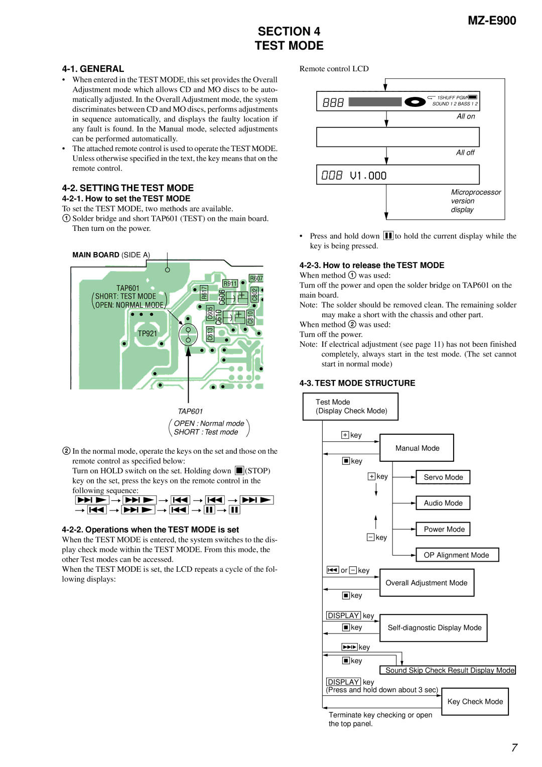 Sony MZ-E900 Section Test Mode, Setting the Test Mode, How to set the Test Mode, How to release the Test Mode 