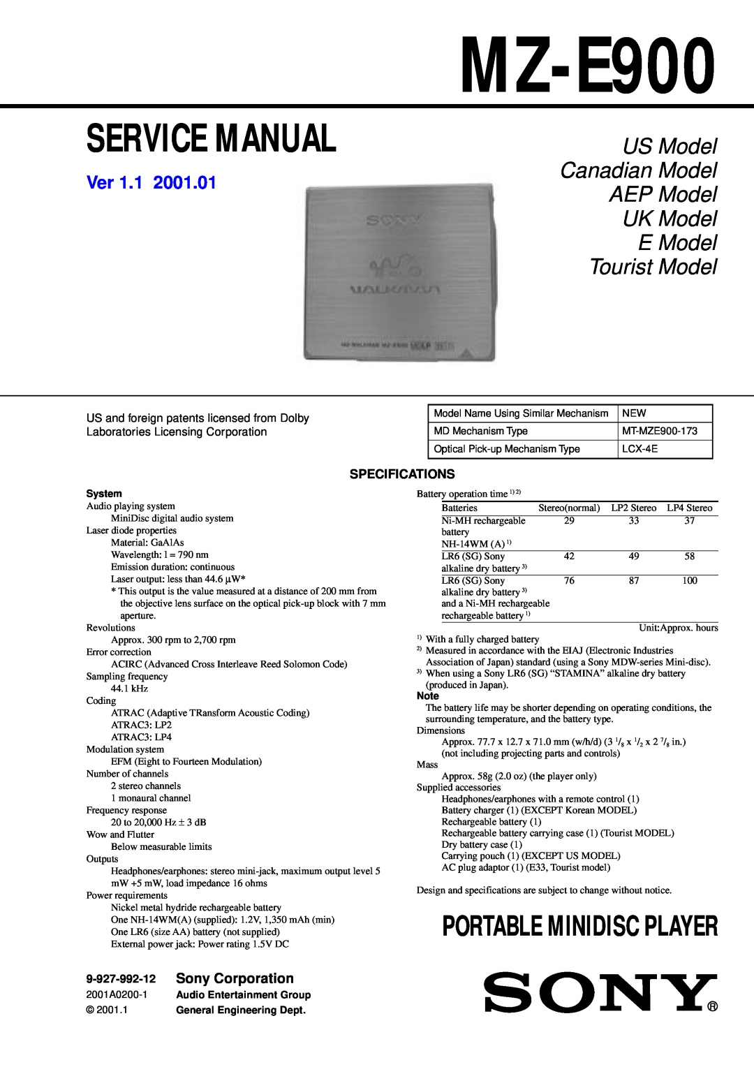 Sony MZ-E900 specifications US Model Canadian Model AEP Model UK Model, E Model Tourist Model, Portable Minidisc Player 