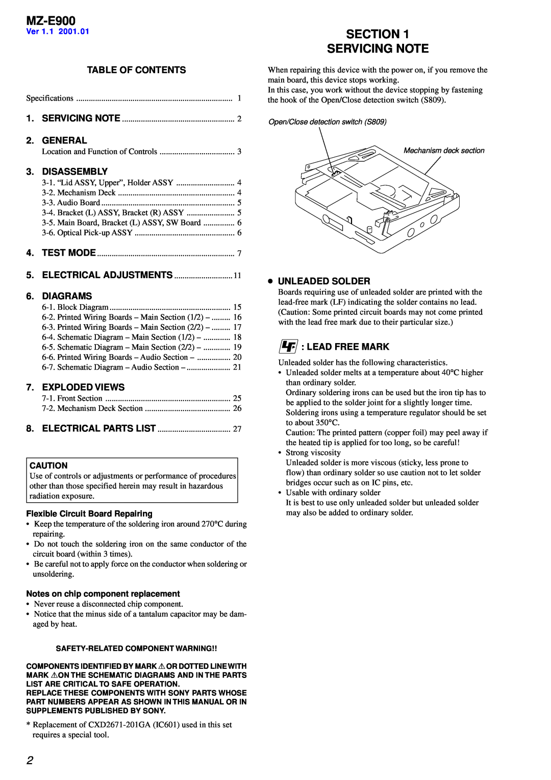 Sony MZ-E900 specifications Section Servicing Note, Ver, Table Of Contents, General, Disassembly, Diagrams, Exploded Views 