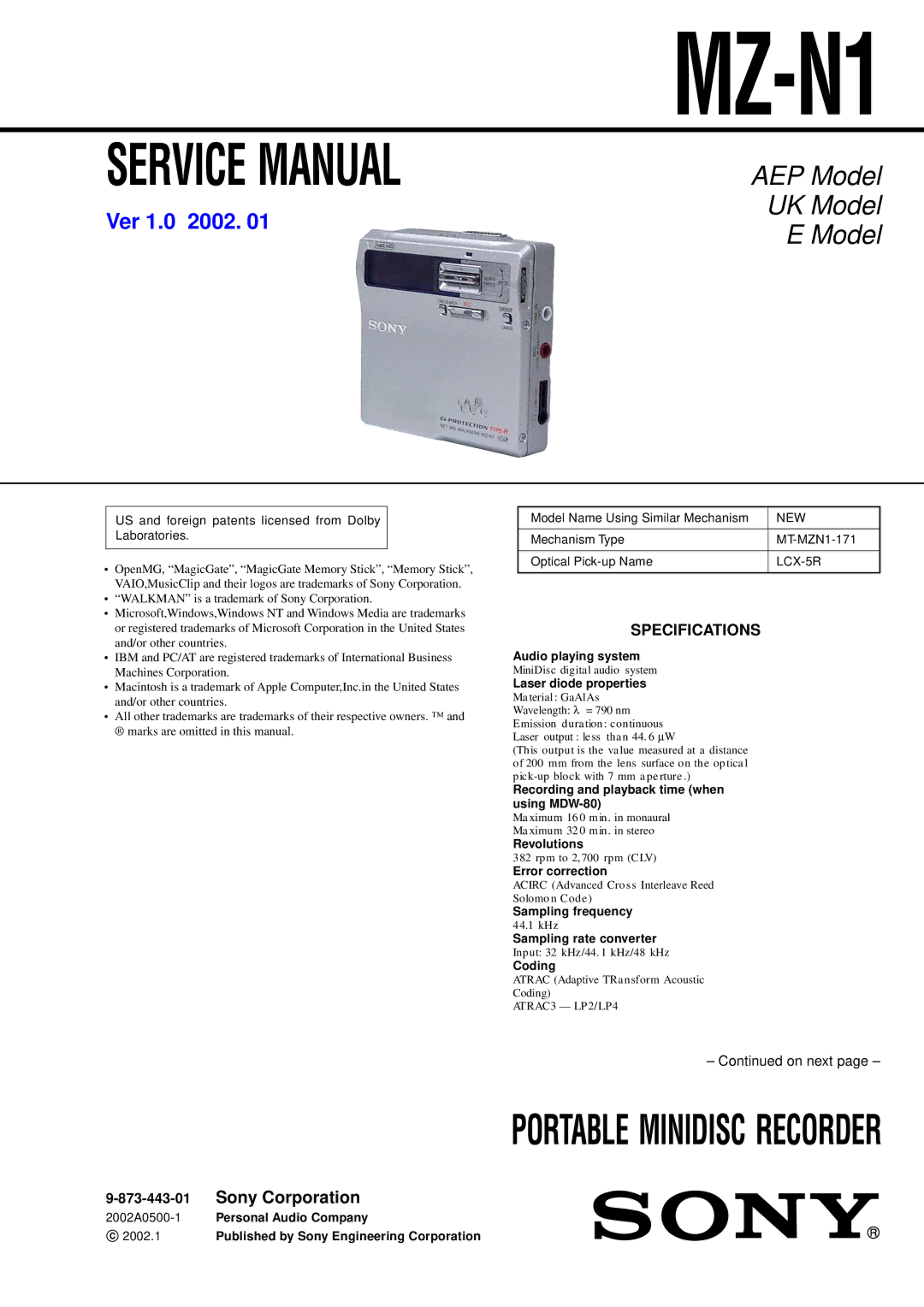 Sony MZ-N1 service manual Specifications, 873-443-01 