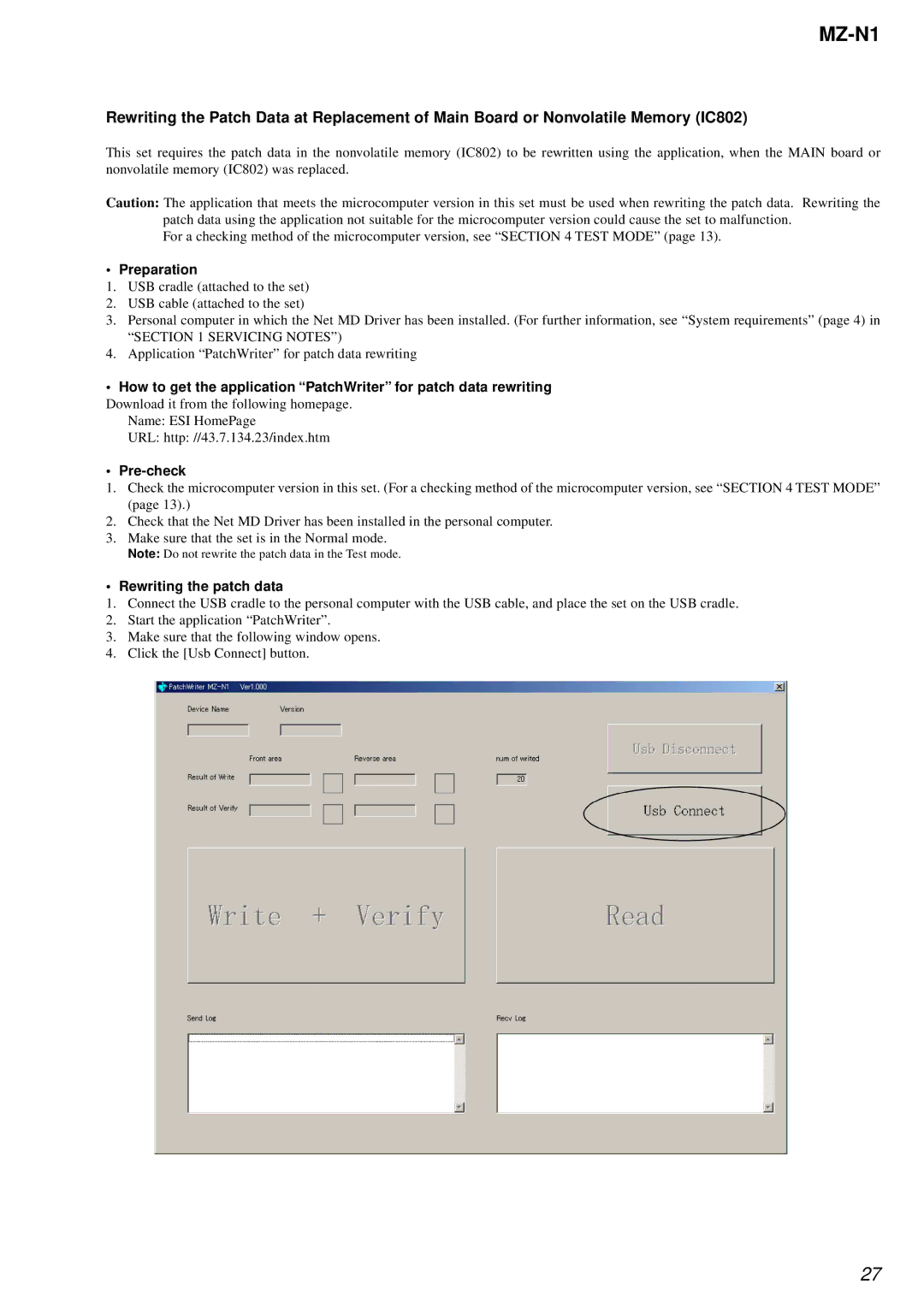 Sony MZ-N1 service manual Preparation, Servicing Notes, Pre-check, Rewriting the patch data 