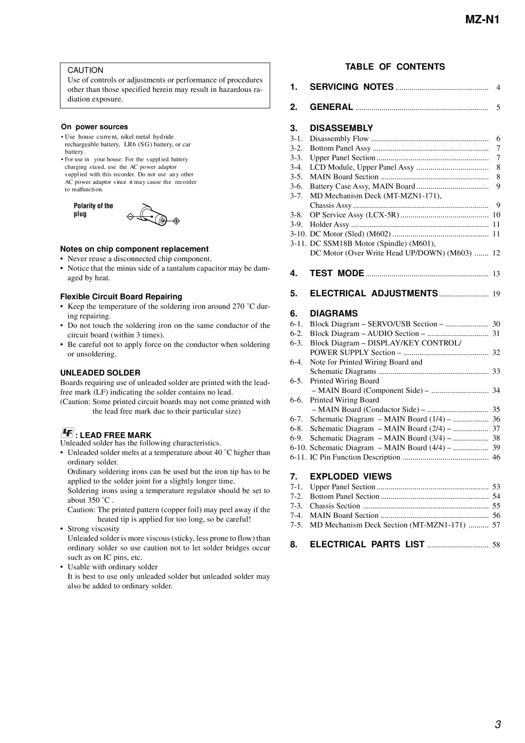 Sony MZ-N1 service manual Table of Contents, Disassembly, Diagrams, Exploded Views, Flexible Circuit Board Repairing 