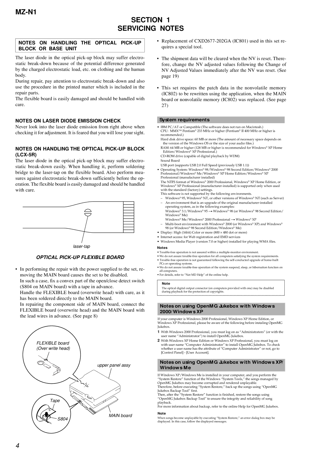 Sony service manual MZ-N1 Section Servicing Notes, System requirements 