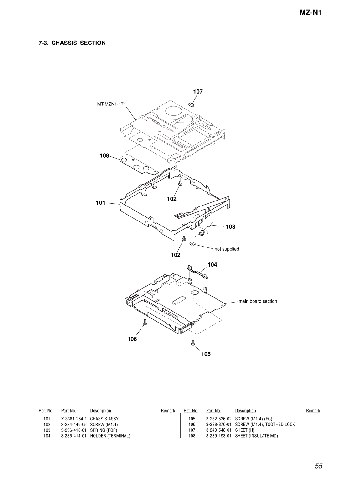 Sony MZ-N1 service manual Chassis Section, 107, 108 101 102 103, 102 104, 106 105 