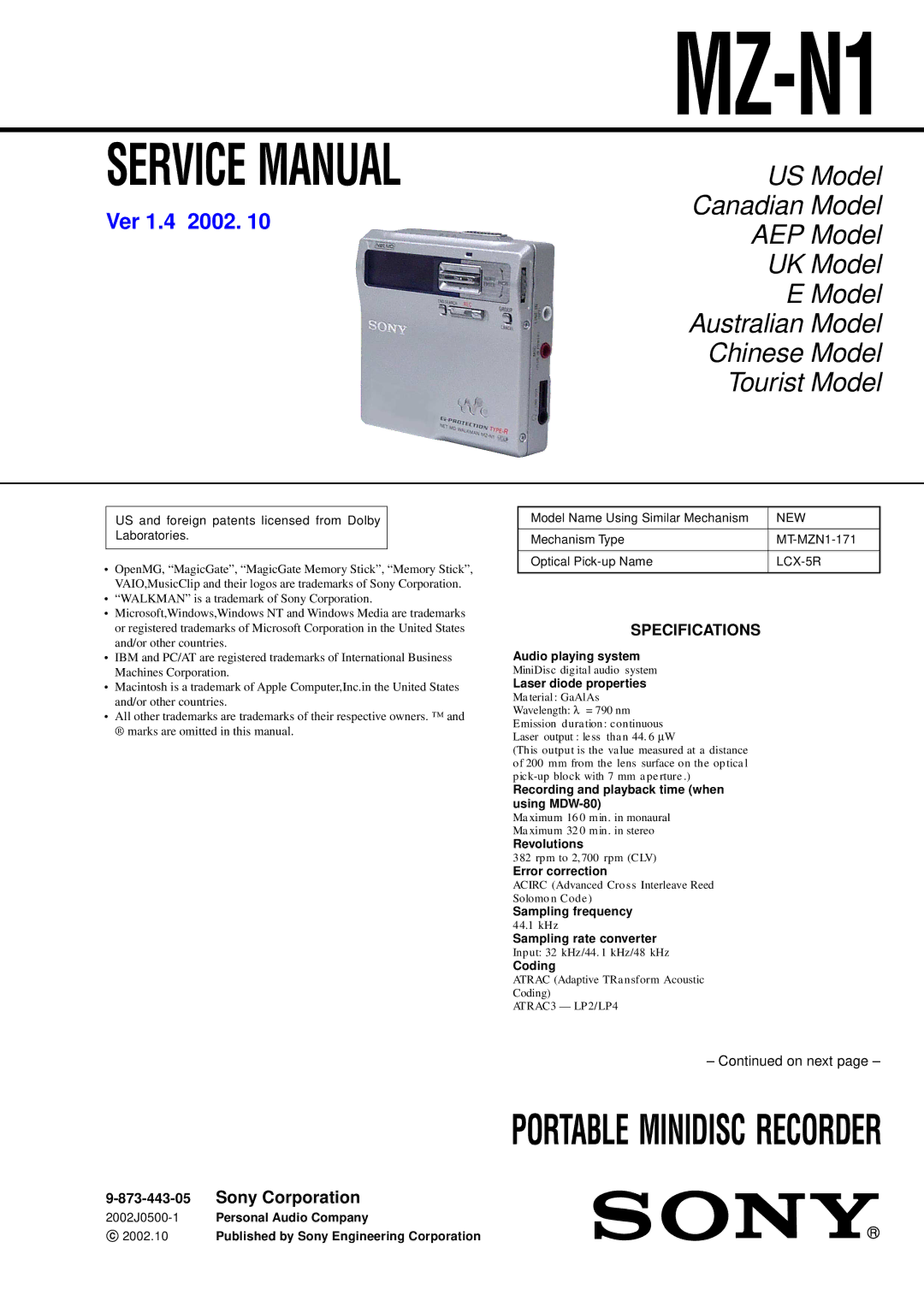 Sony MZ-N1 service manual Specifications 