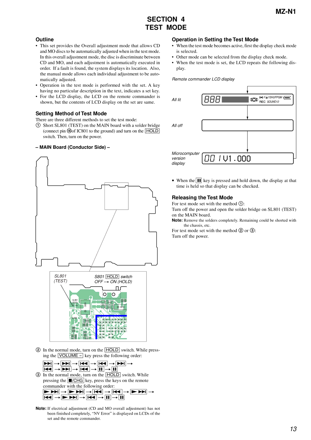 Sony service manual MZ-N1 Section Test Mode, Outline, Setting Method of Test Mode, Operation in Setting the Test Mode 