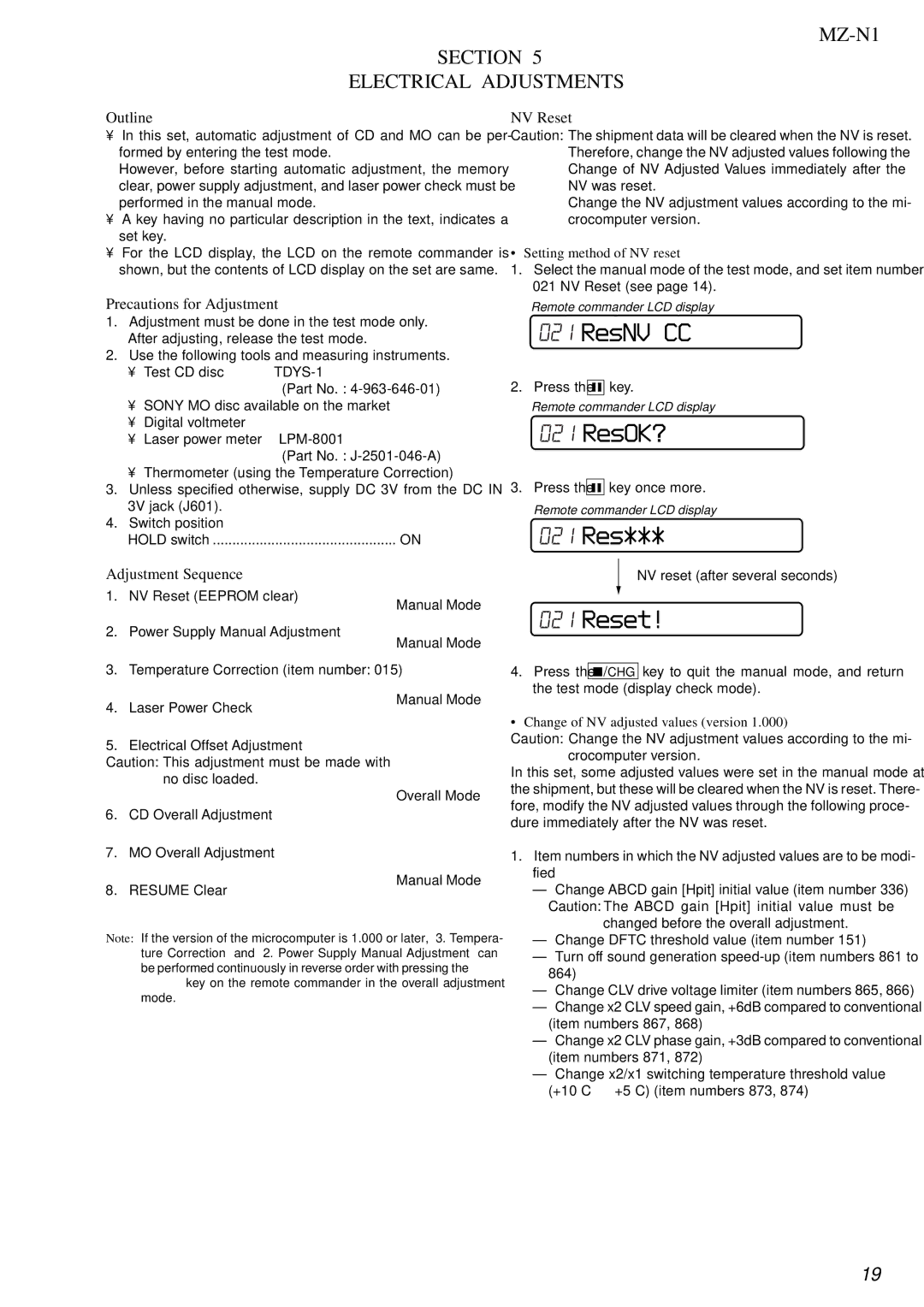 Sony service manual ResNV CC, ResOK?, 021 Res, Reset, MZ-N1 Section Electrical Adjustments 