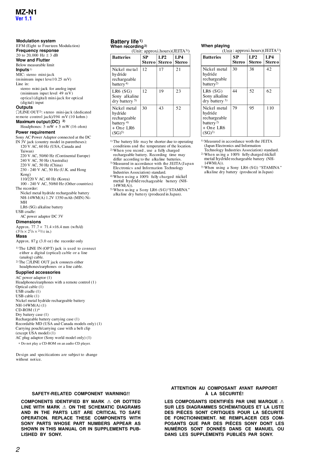 Sony MZ-N1 service manual Battery life 