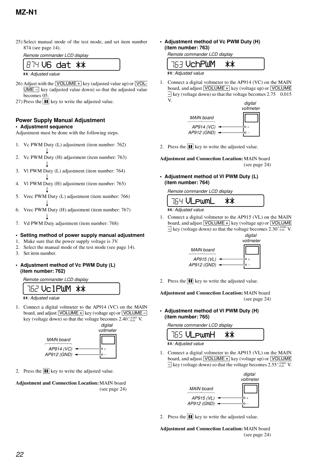 Sony MZ-N1 service manual VclPWM, VLpwmL, VLpwmH, Power Supply Manual Adjustment 