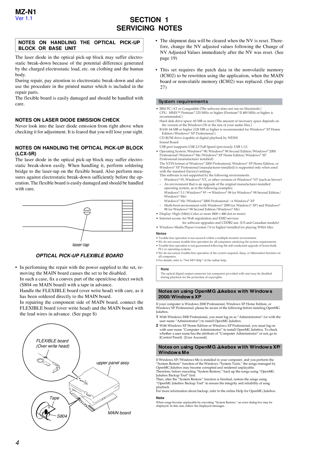 Sony MZ-N1 service manual Section, Servicing Notes 