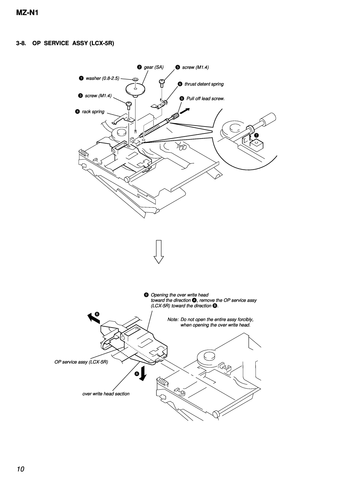 Sony MZ-N1 service manual OP SERVICE ASSY LCX-5R, gear SA, screw M1.4 