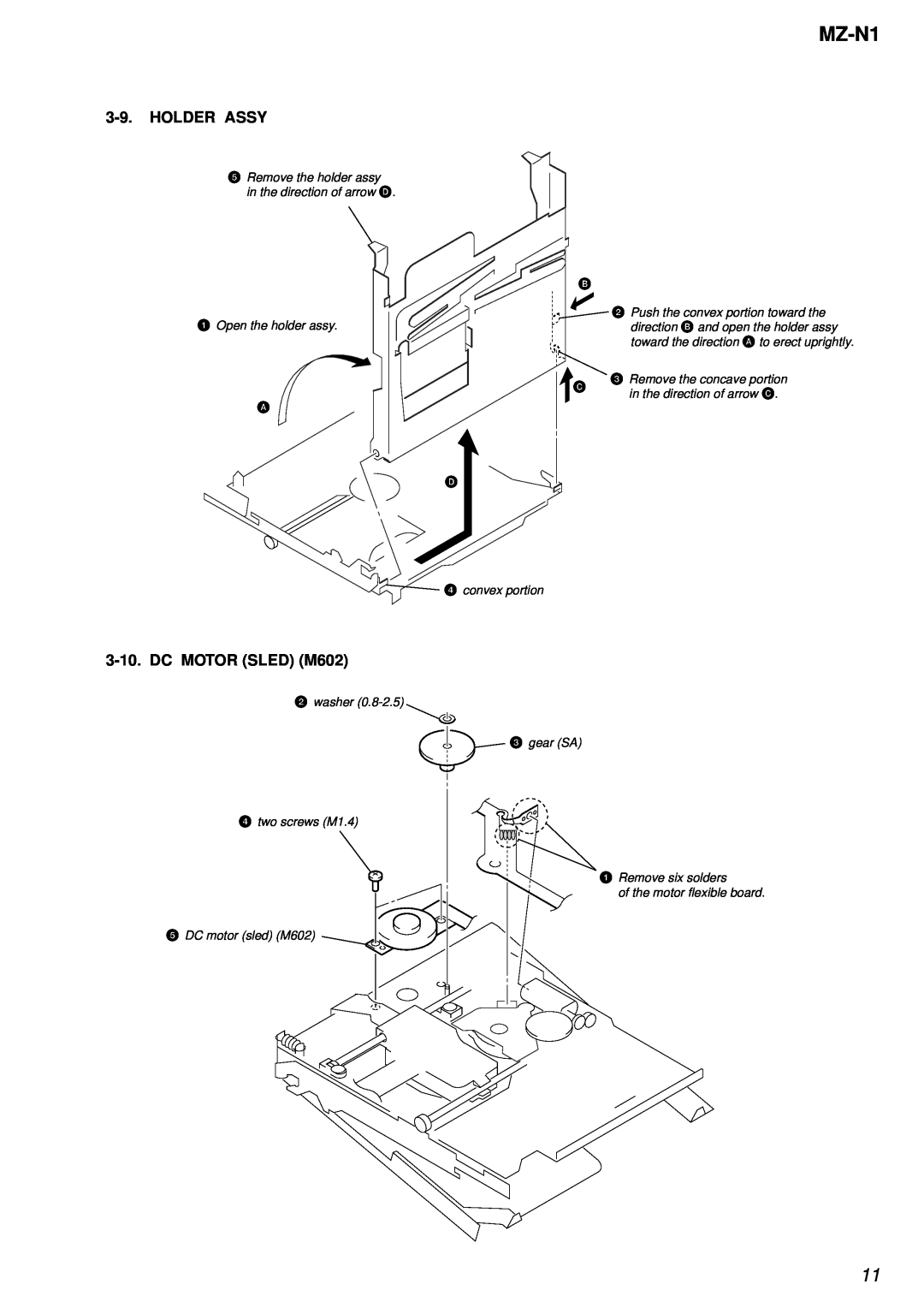 Sony MZ-N1 service manual Holder Assy, DC MOTOR SLED M602, Remove the concave portion, in the direction of arrow C 