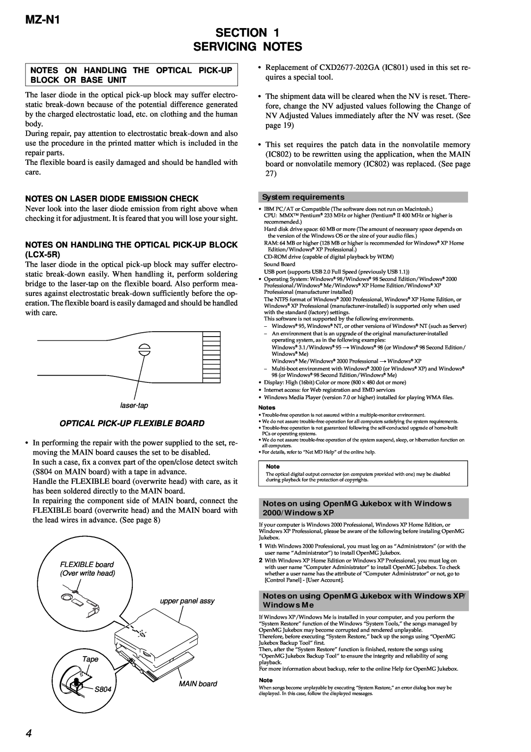 Sony service manual MZ-N1 SECTION SERVICING NOTES, Notes On Laser Diode Emission Check, Optical Pick-Upflexible Board 
