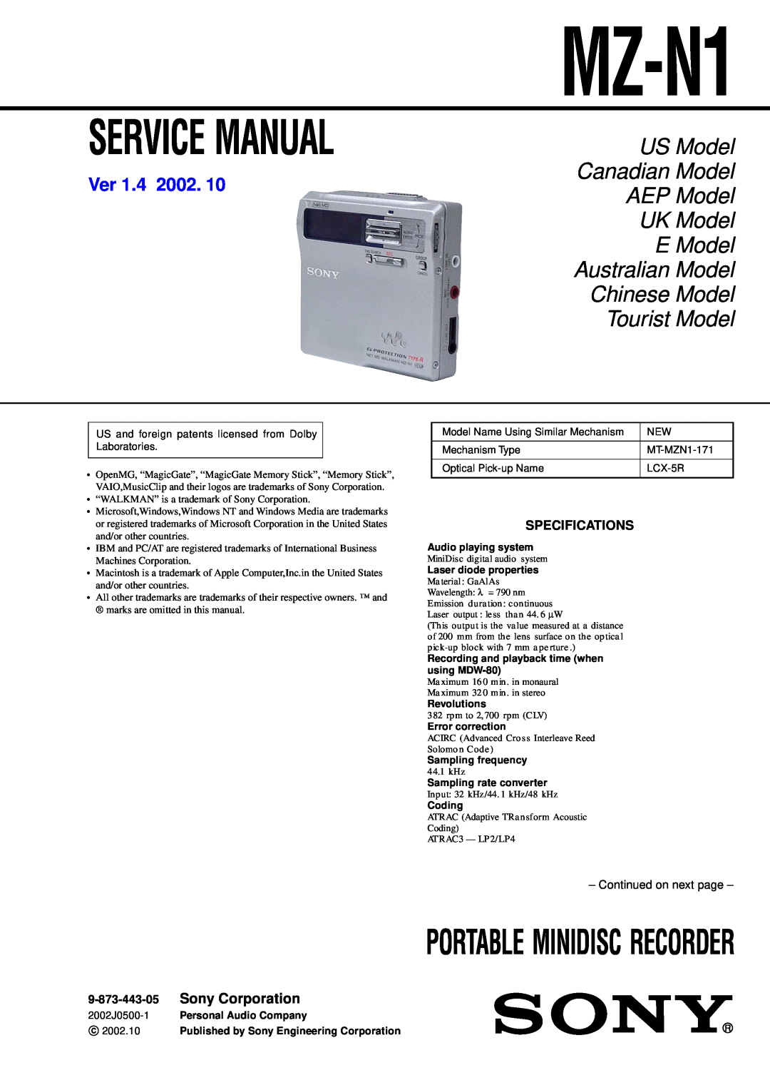 Sony MZ-N1 service manual Portable Minidisc Recorder, US Model, Canadian Model, AEP Model, UK Model, E Model, Ver 