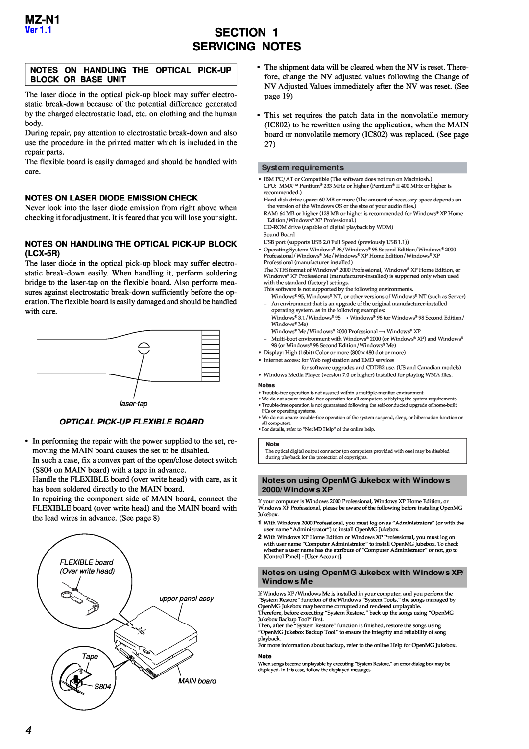Sony MZ-N1 service manual Section, Servicing Notes, Notes On Laser Diode Emission Check, Optical Pick-Upflexible Board 