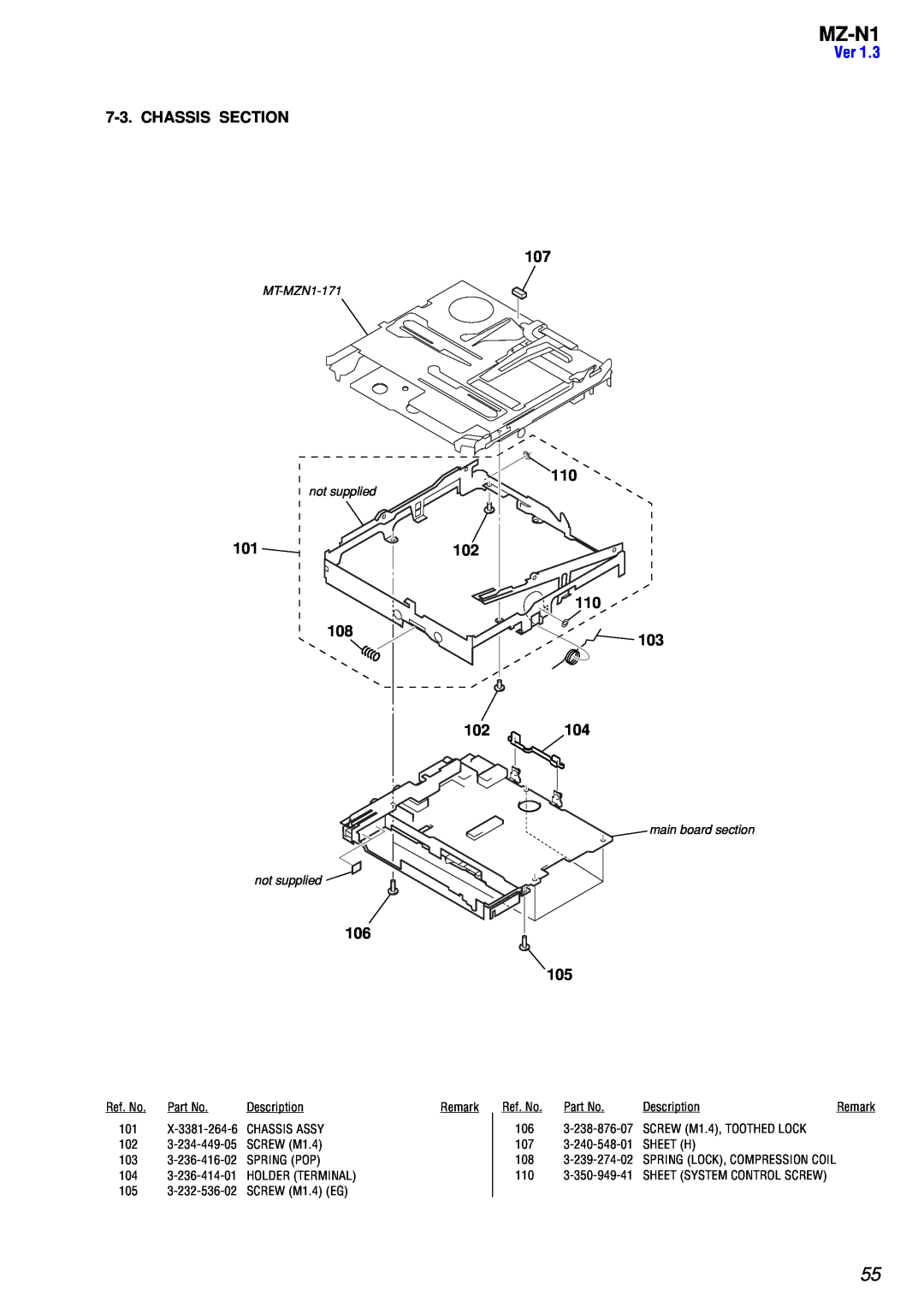 Sony MZ-N1 service manual Chassis Section, 101, 107 110 102 