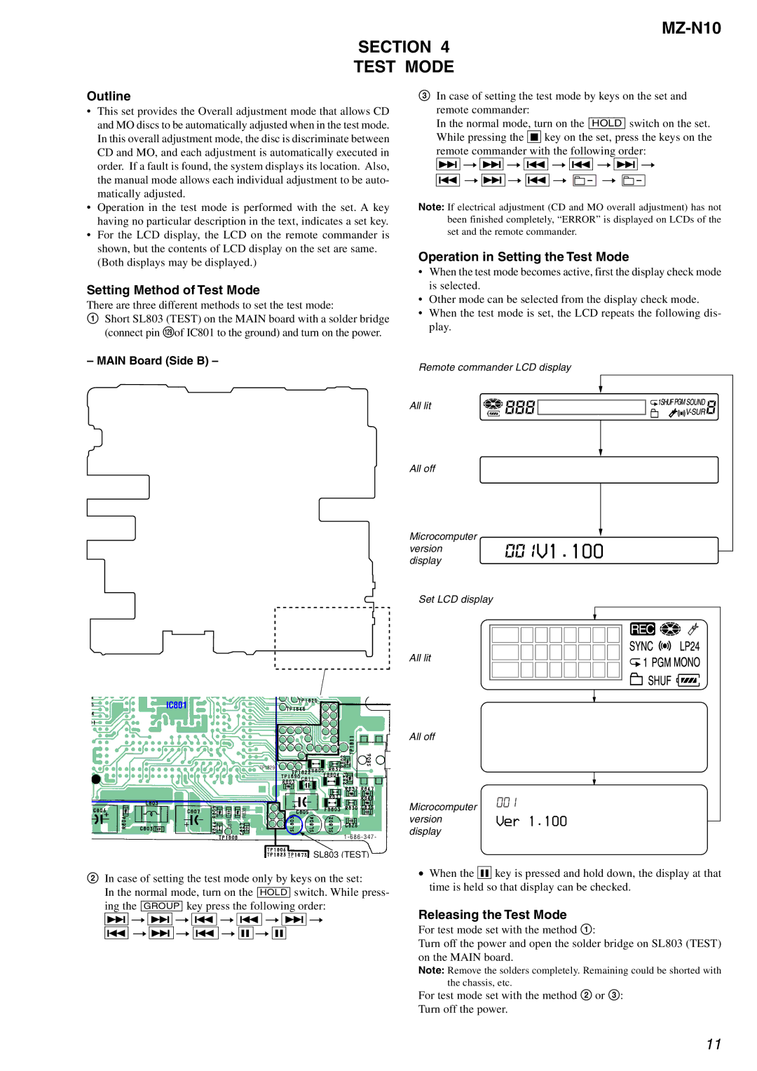 Sony MZ-N10 service manual Section Test Mode, Outline, Setting Method of Test Mode, Operation in Setting the Test Mode 