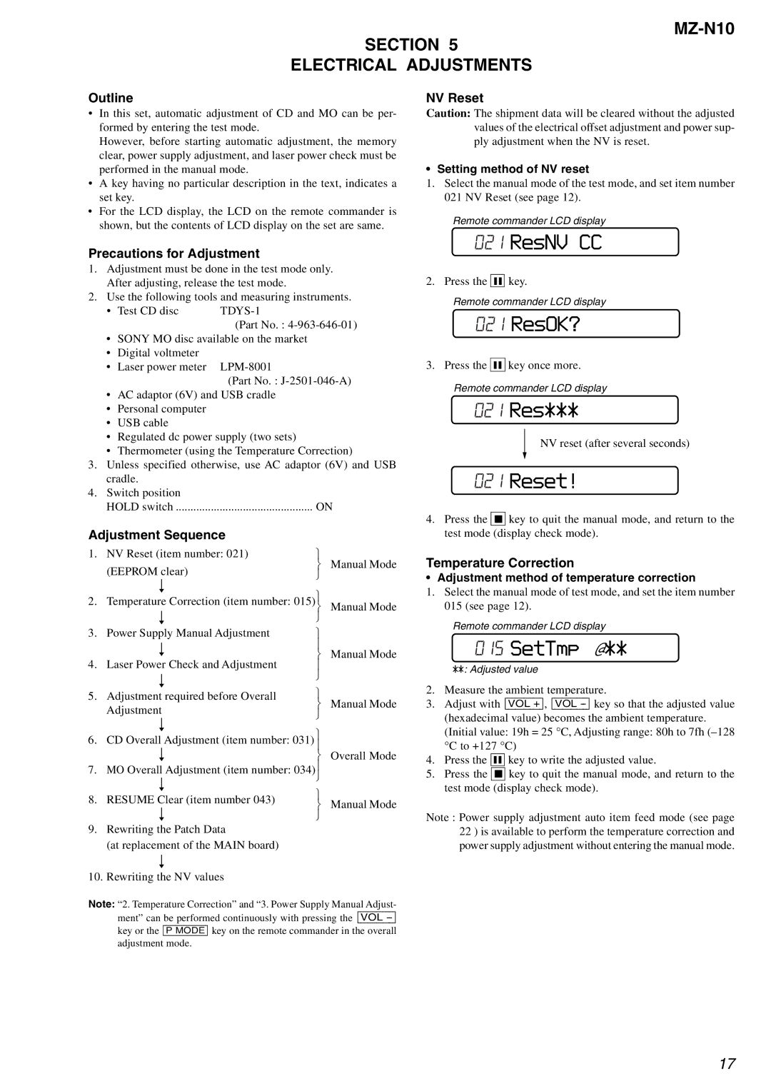 Sony MZ-N10 service manual ResNV CC, ResOK?, 021 Res, Reset, SetTmp @ 