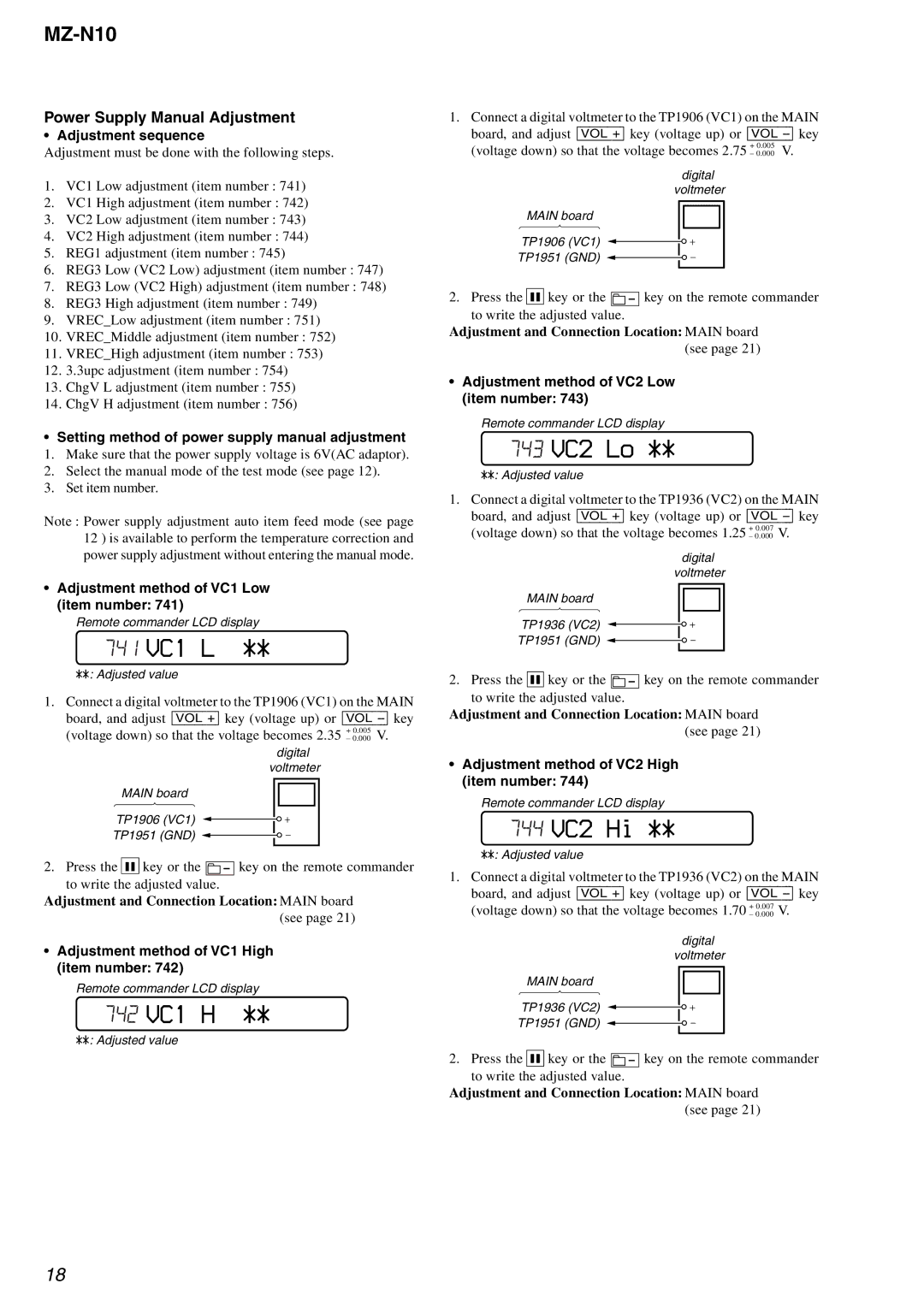 Sony MZ-N10 service manual 741 VC1 L, 742 VC1 H, 743 VC2 Lo, 744 VC2 Hi, Power Supply Manual Adjustment 