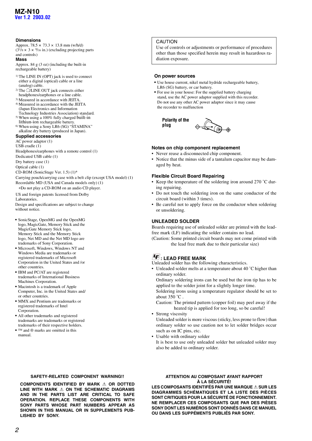 Sony MZ-N10 service manual On power sources, Polarity of the plug, Flexible Circuit Board Repairing 