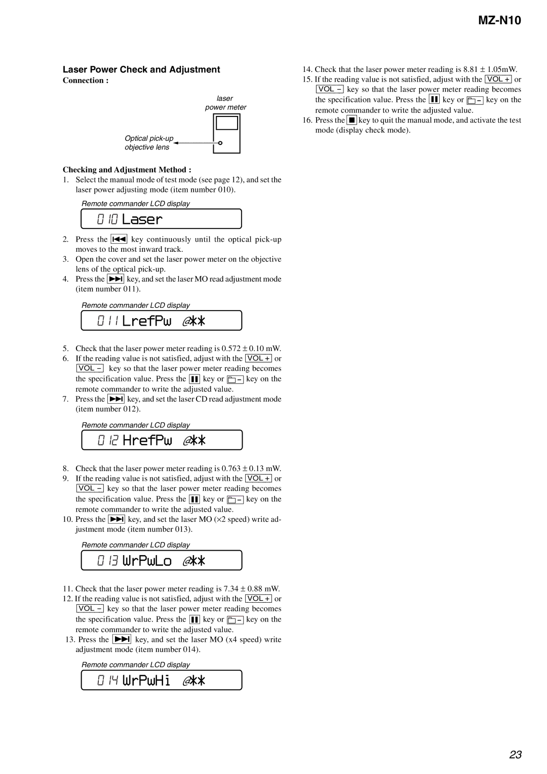 Sony MZ-N10 service manual Laser, LrefPw @, HrefPw @, WrPwLo @, WrPwHi @ 