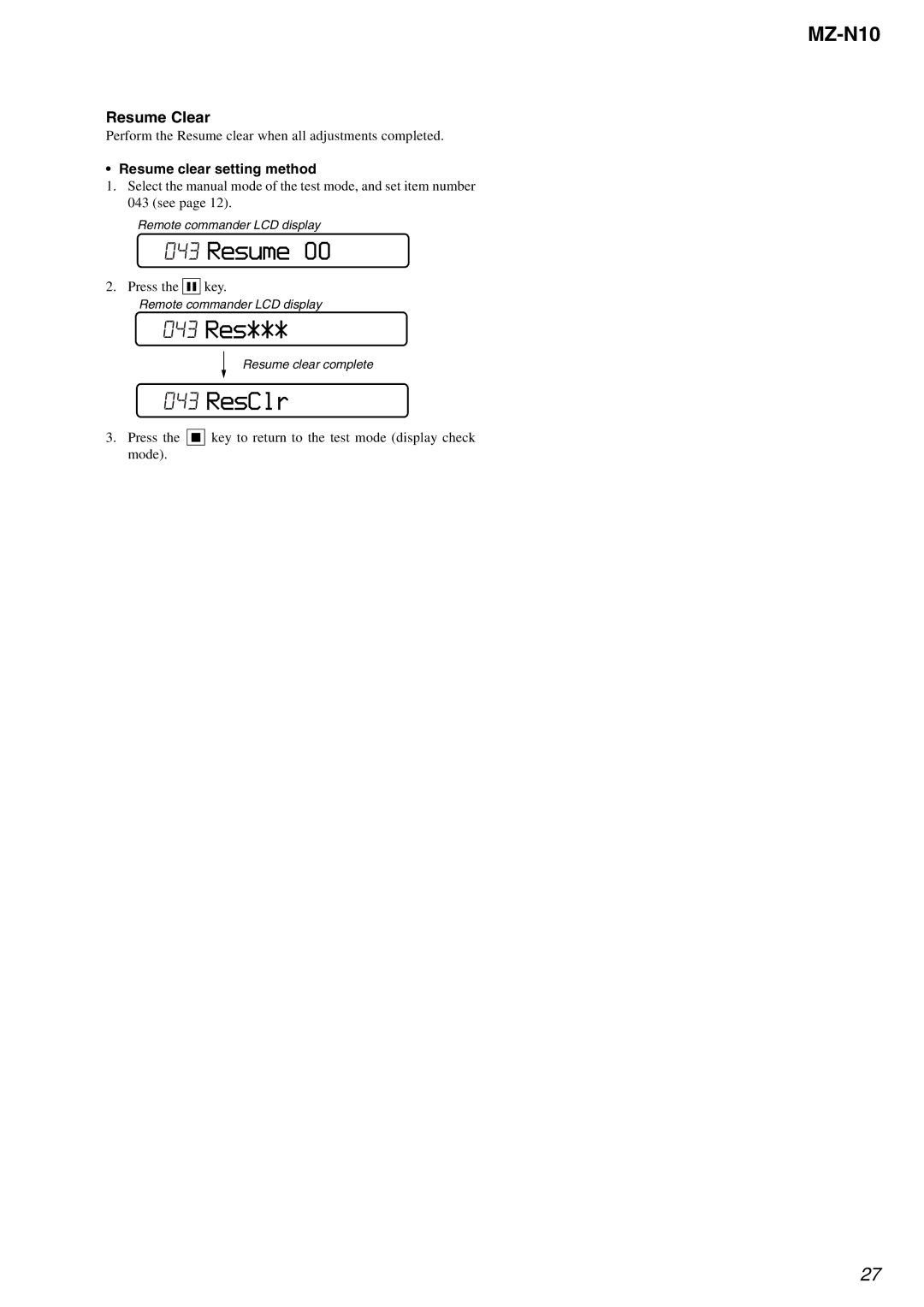 Sony MZ-N10 service manual 043 Res, ResClr, Resume Clear, Resume clear setting method 