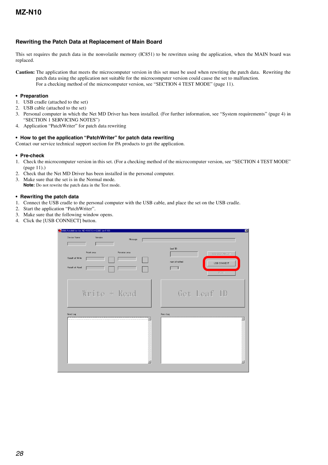 Sony MZ-N10 Rewriting the Patch Data at Replacement of Main Board, Preparation, Pre-check, Rewriting the patch data 