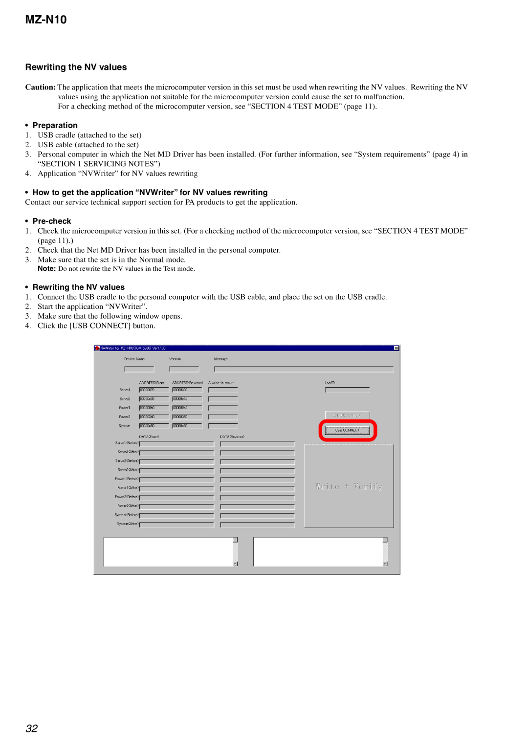 Sony MZ-N10 service manual Rewriting the NV values, How to get the application NVWriter for NV values rewriting 