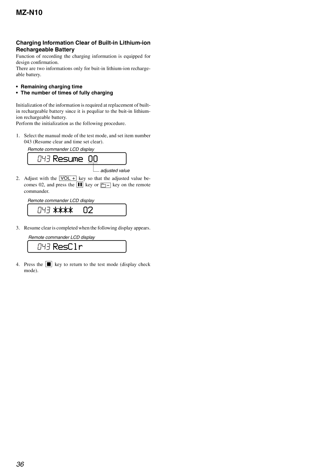 Sony MZ-N10 service manual 043, Remaining charging time Number of times of fully charging 