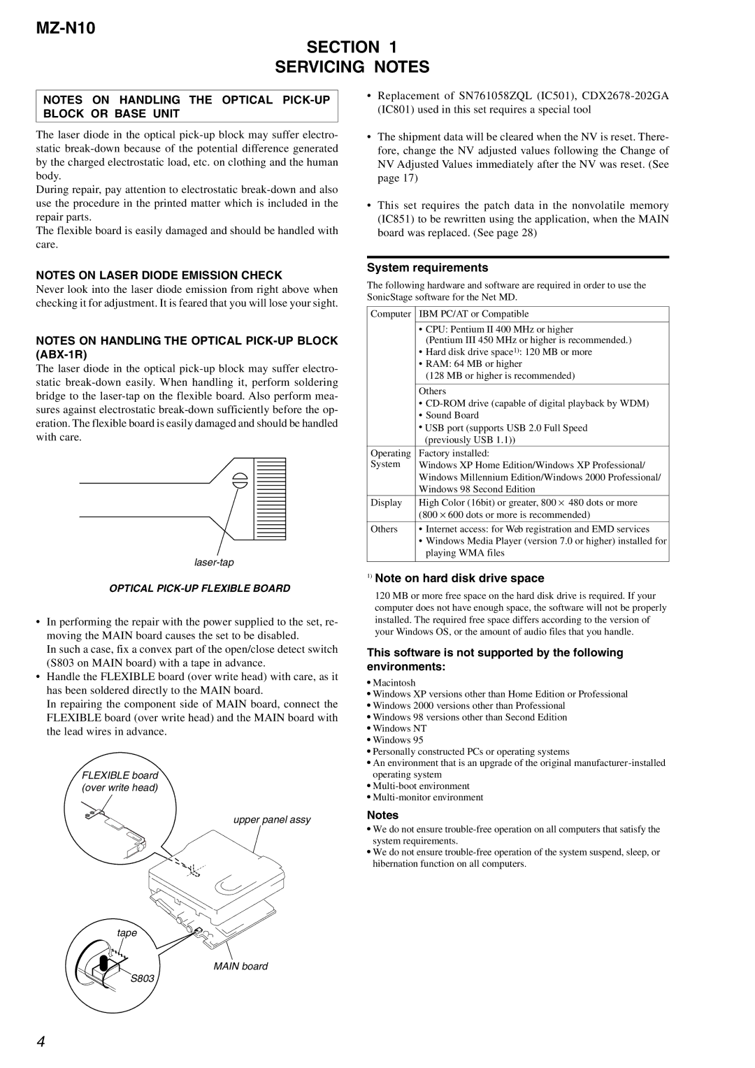 Sony MZ-N10 service manual Section Servicing Notes, System requirements 