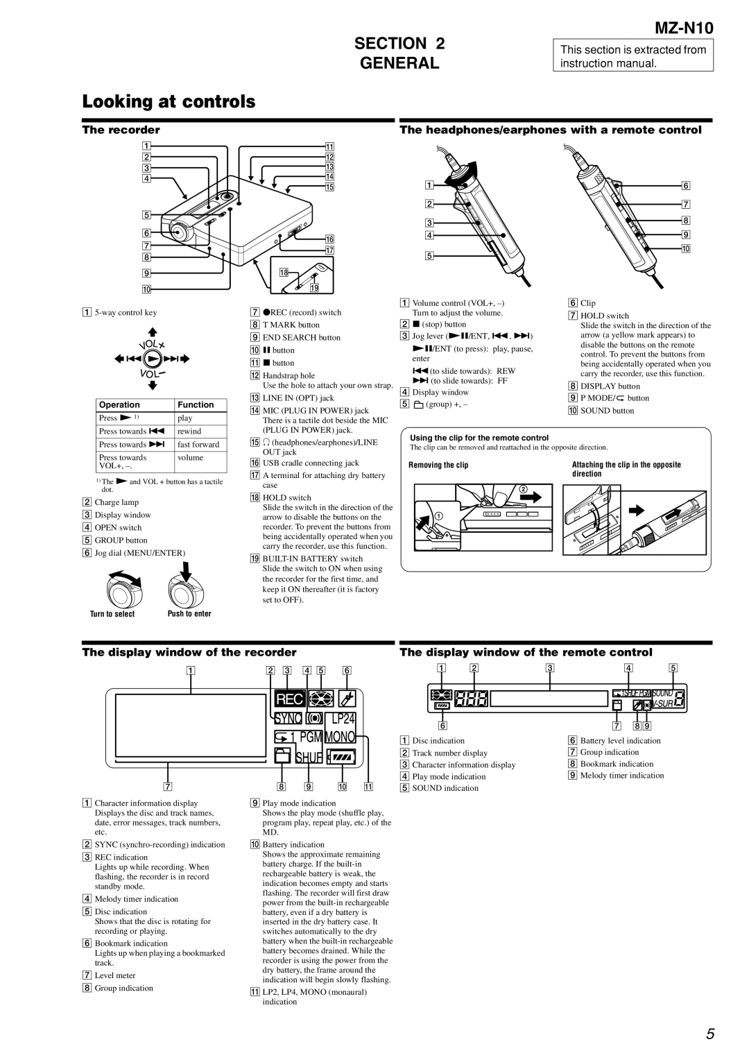 Sony MZ-N10 service manual Section General, Recorder Headphones/earphones with a remote control 