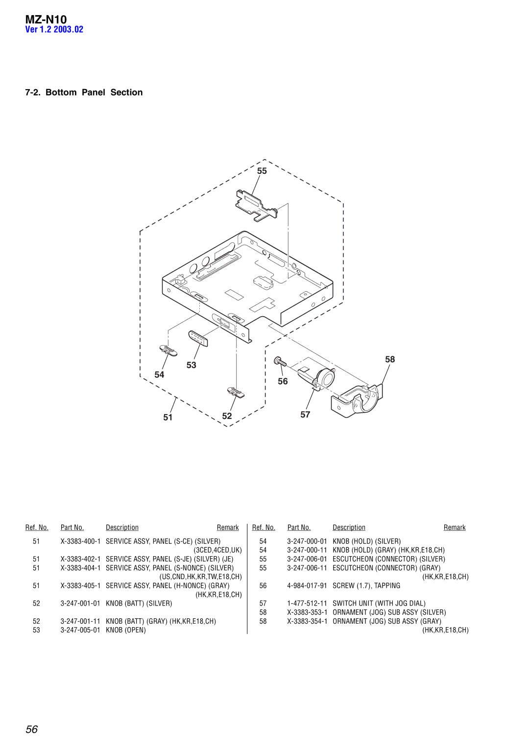 Sony MZ-N10 service manual Bottom Panel Section, US,CND,HK,KR,TW,E18,CH 