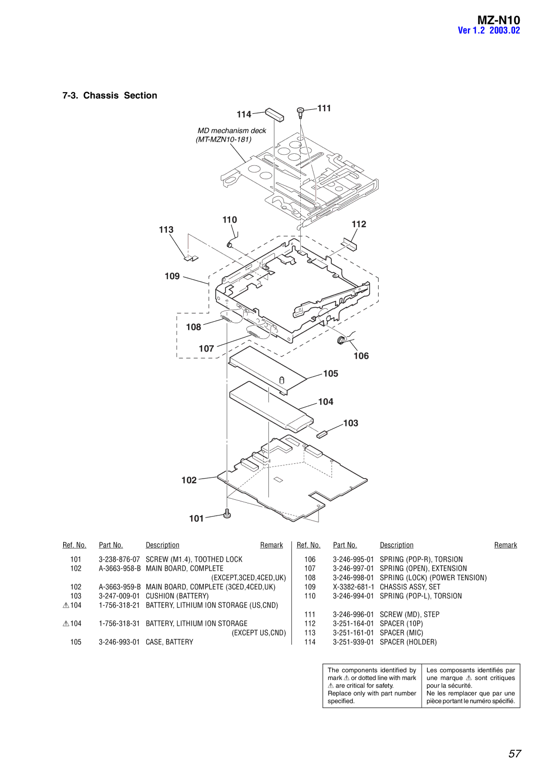 Sony MZ-N10 service manual Chassis Section, 111 112 106 105 104 103 