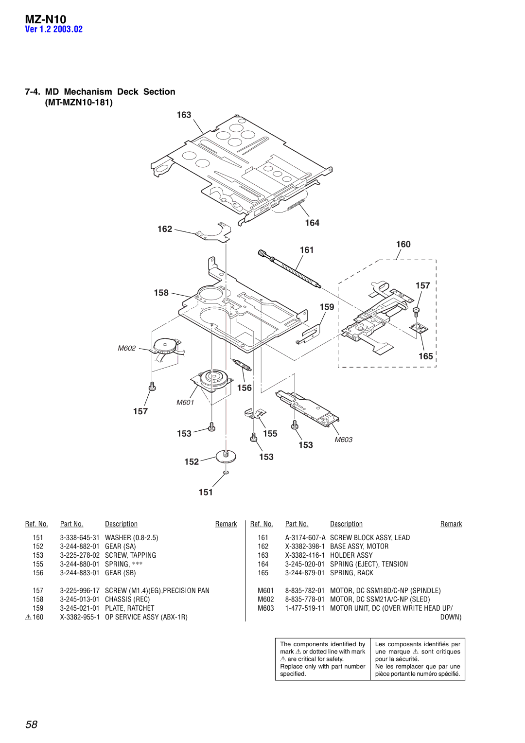 Sony MZ-N10 service manual MD Mechanism Deck Section MT-MZN10-181, 152 153 151 