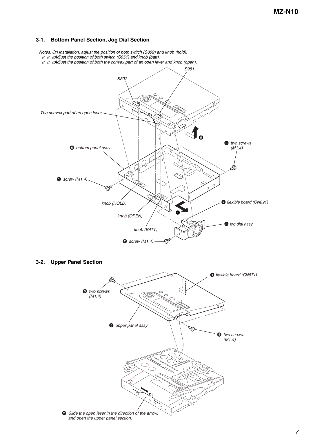 Sony MZ-N10 service manual Bottom Panel Section, Jog Dial Section, Upper Panel Section 