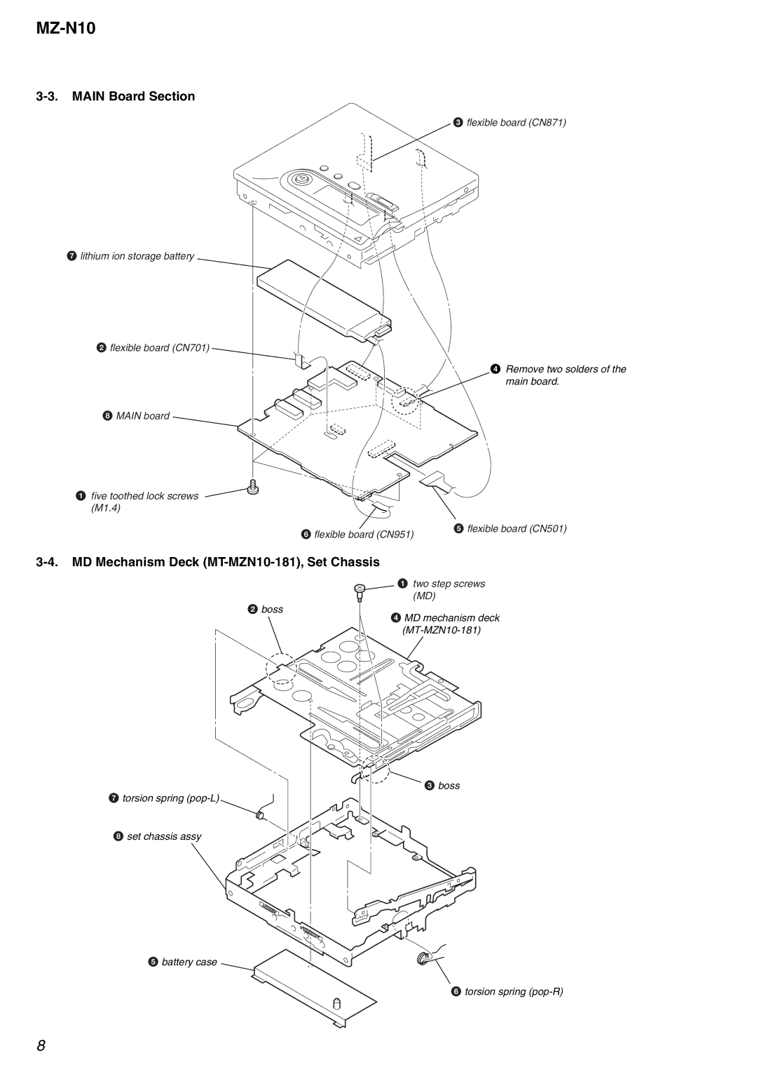 Sony MZ-N10 service manual Main Board Section, MD Mechanism Deck MT-MZN10-181, Set Chassis 