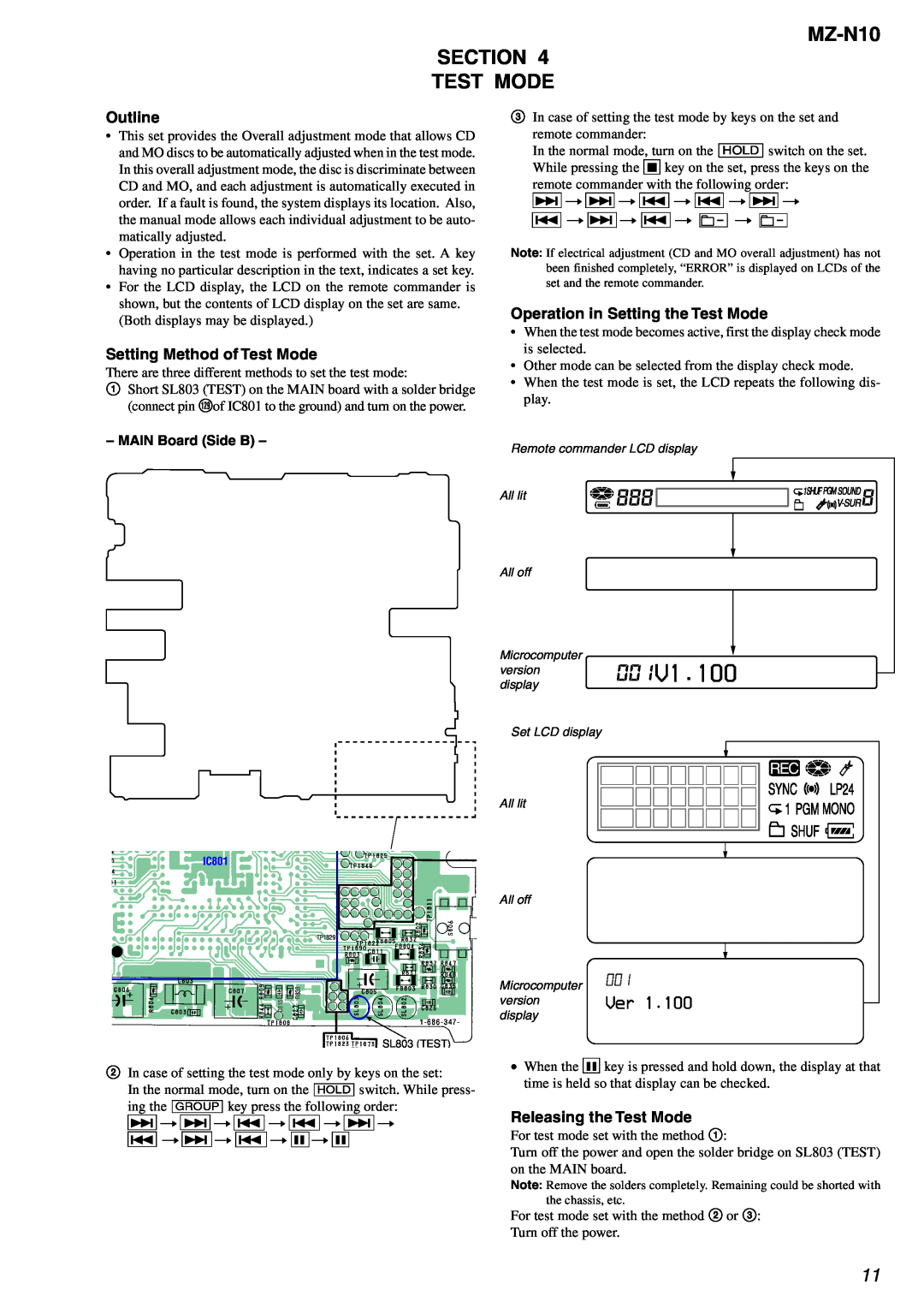 Sony service manual MZ-N10 SECTION TEST MODE, Outline, Setting Method of Test Mode, Operation in Setting the Test Mode 