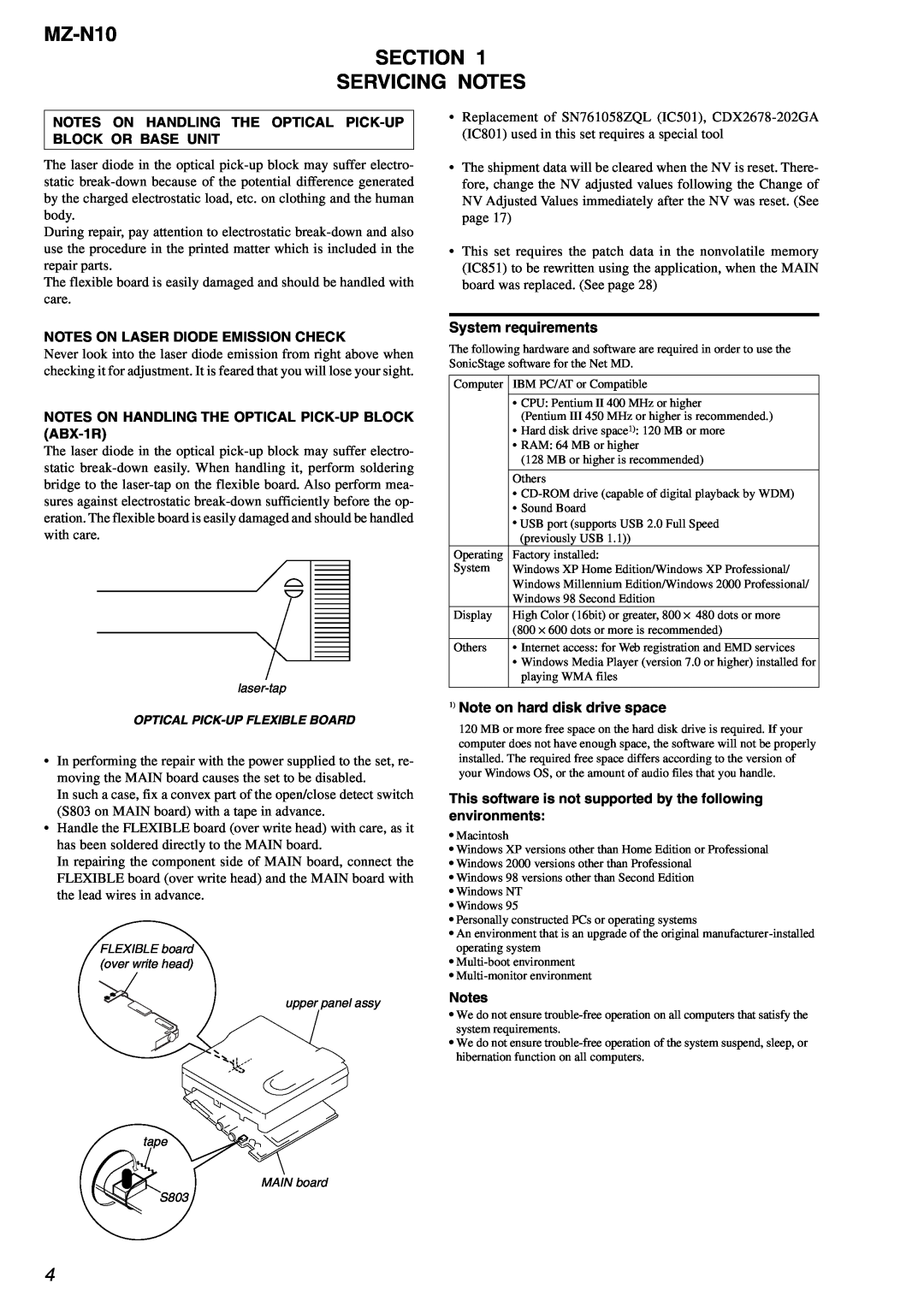 Sony service manual MZ-N10 SECTION SERVICING NOTES, Notes On Laser Diode Emission Check, System requirements 