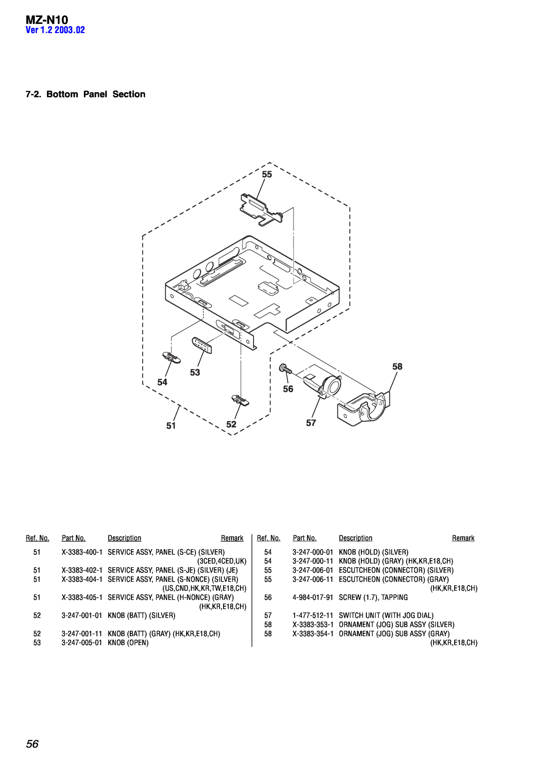 Sony MZ-N10 service manual Ver, Bottom Panel Section 