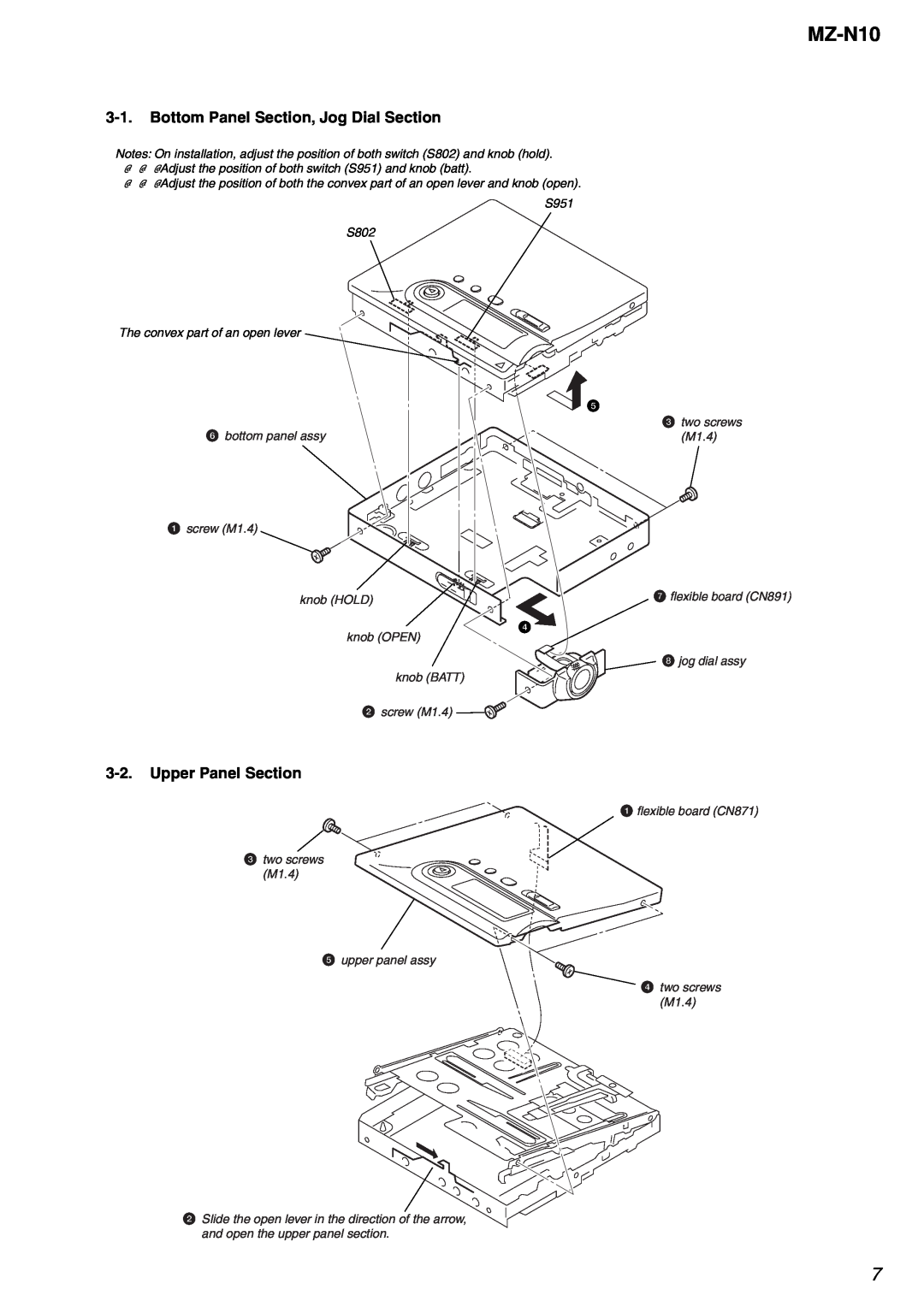 Sony MZ-N10 Bottom Panel Section, Jog Dial Section, Upper Panel Section, 6bottom panel assy 1 screw M1.4, 3two screws M1.4 