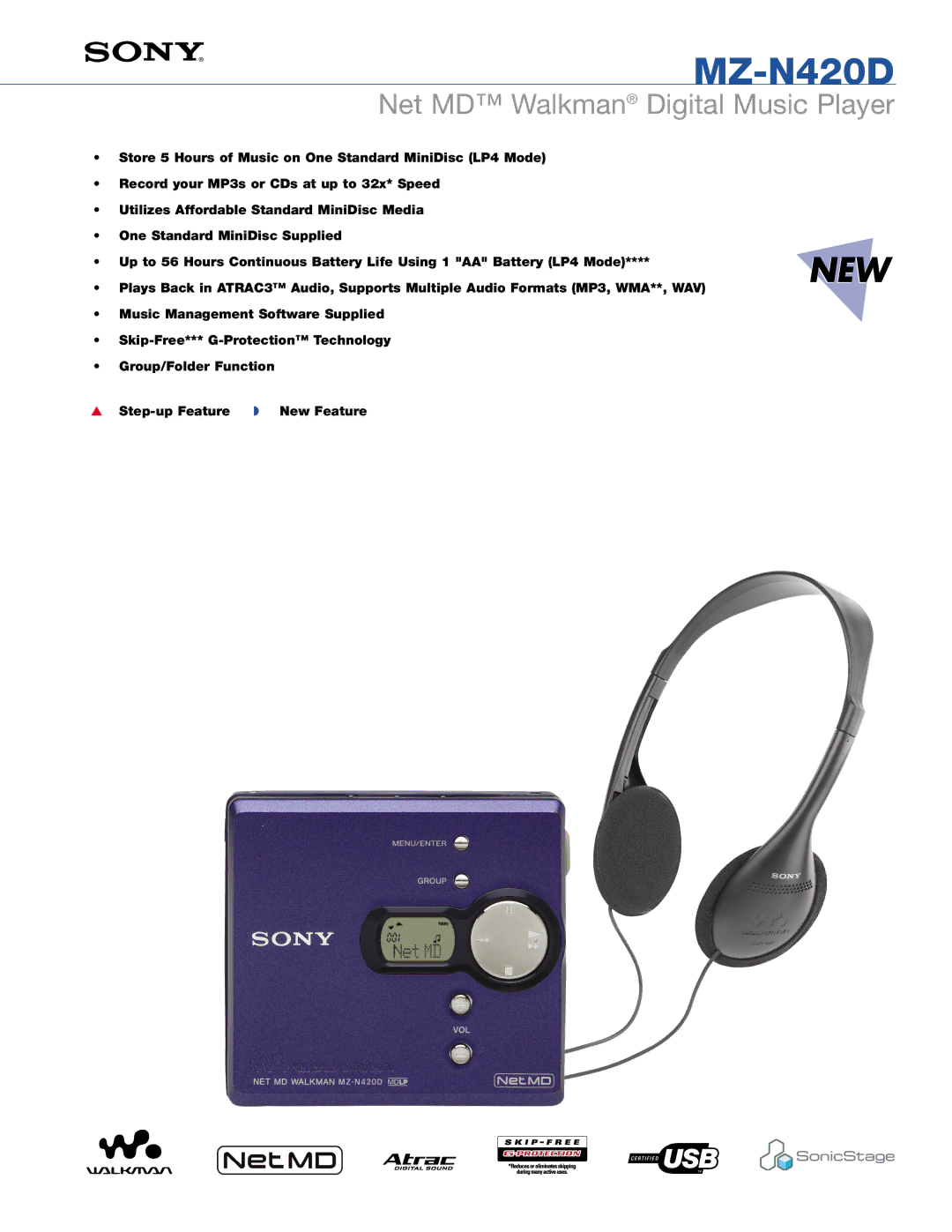 Sony NET MD WALKMAN manual MZ-N420D, Net MD Walkman Digital Music Player 