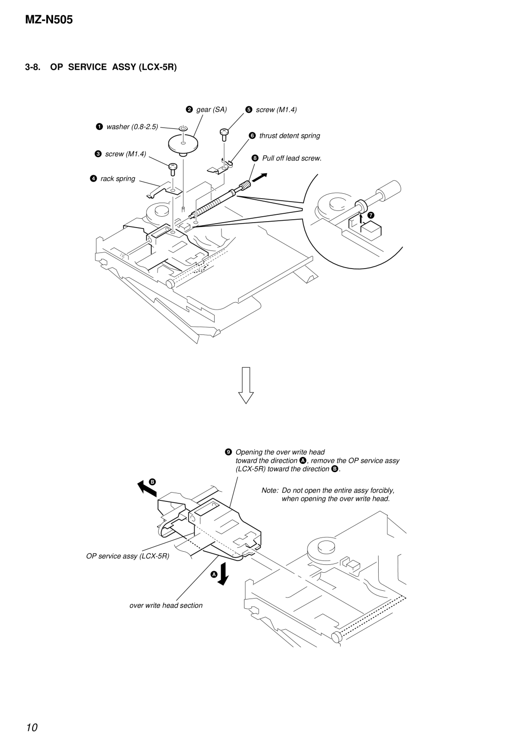 Sony MZ-N505 service manual OP Service Assy LCX-5R, Gear SA Screw M1.4 