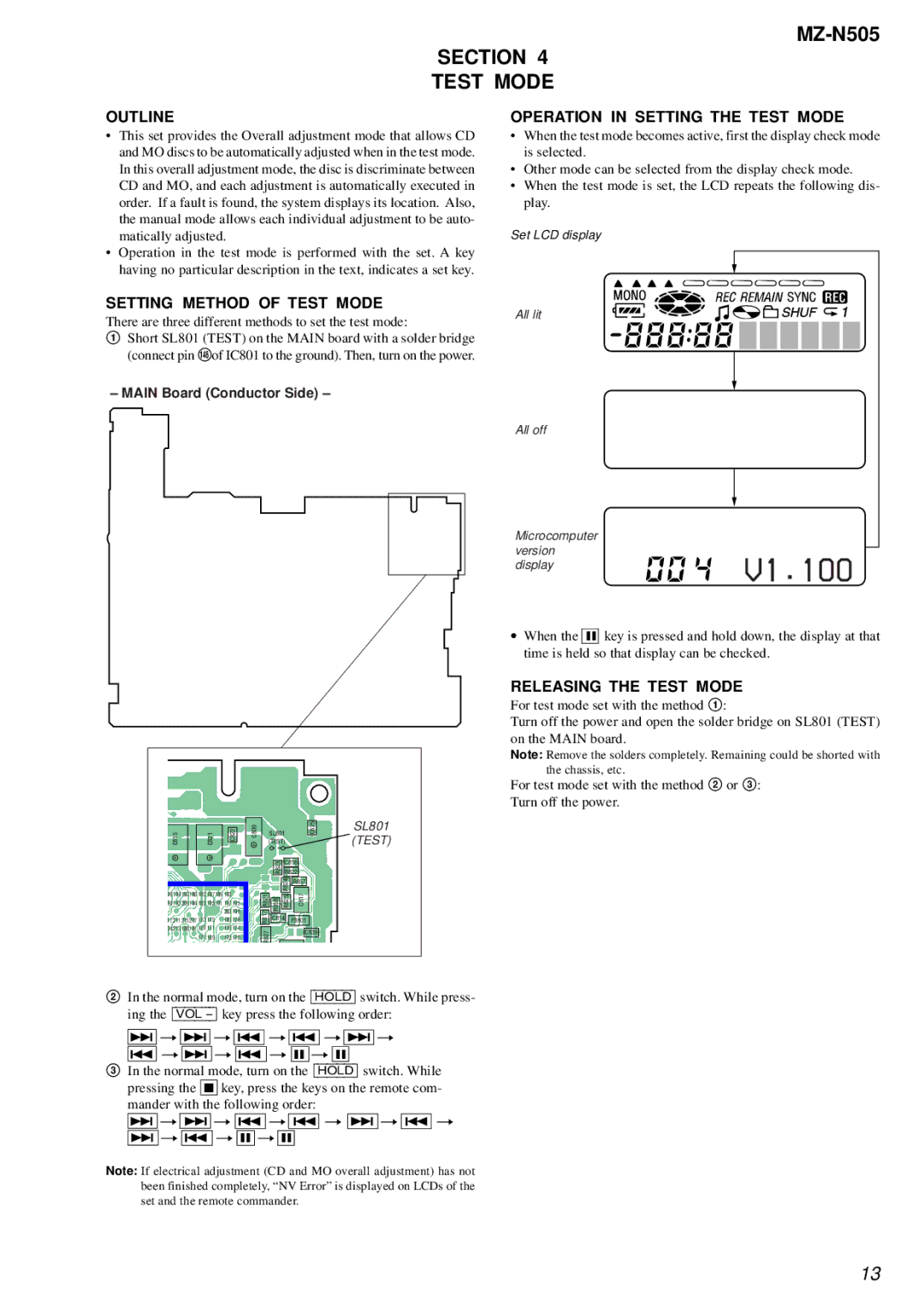 Sony MZ-N505 service manual V1.100, Section Test Mode 