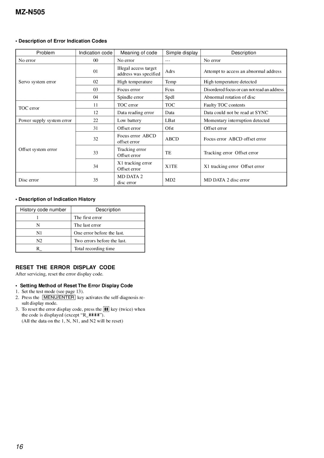 Sony MZ-N505 Reset the Error Display Code, Description of Error Indication Codes, Description of Indication History 