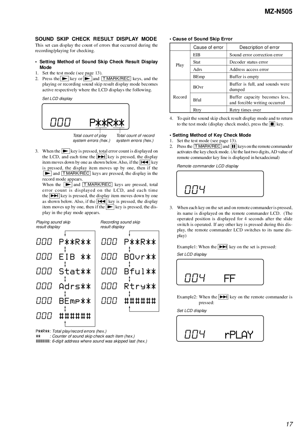 Sony MZ-N505 service manual 000 P**R, 004 FF, Rplay, Sound Skip Check Result Display Mode 