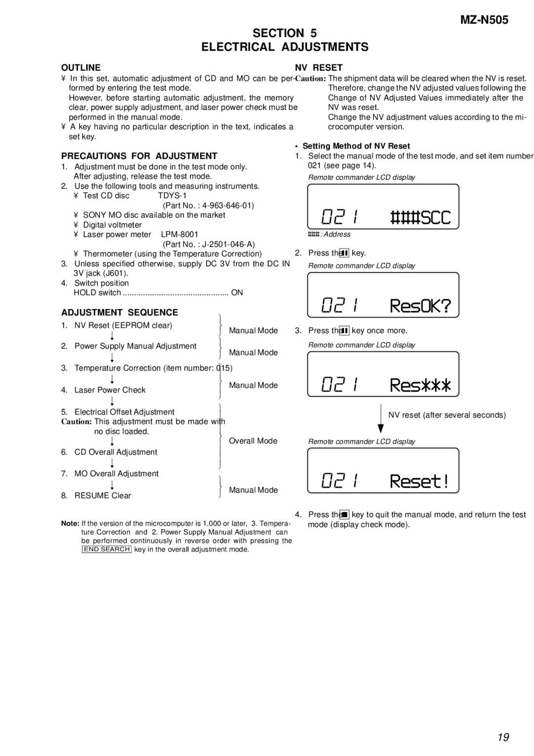 Sony MZ-N505 service manual 021 ###SCC, ResOK?, 021 Res, Reset, Section Electrical Adjustments 