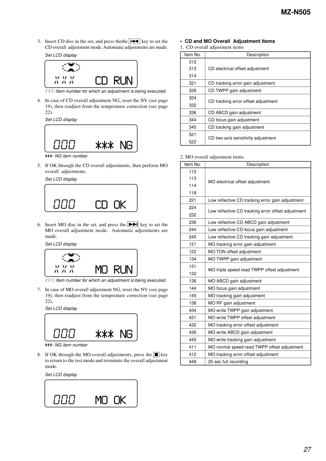 Sony MZ-N505 service manual 000 *** NG, Cd Ok, Mo Ok, CD and MO Overall Adjustment Items 