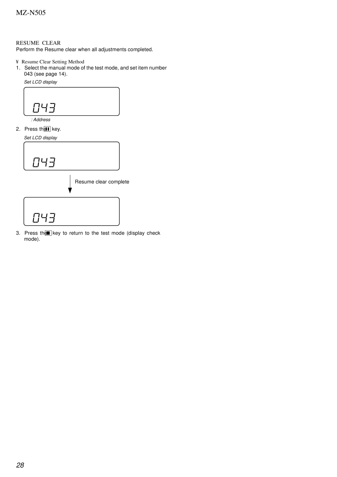 Sony MZ-N505 service manual 043 ###S00, 043 Res, ResClr, Resume Clear Setting Method 