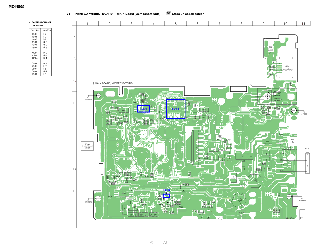 Sony MZ-N505 service manual Semiconductor Location, Main Board Component Side 